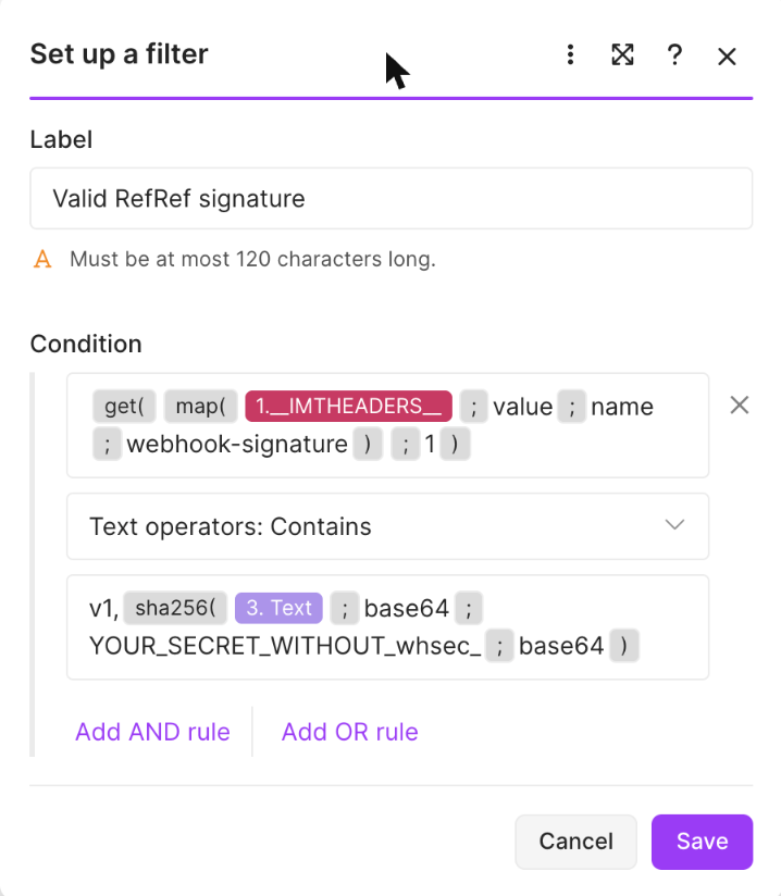 Filter: the signature header contains the computed signature