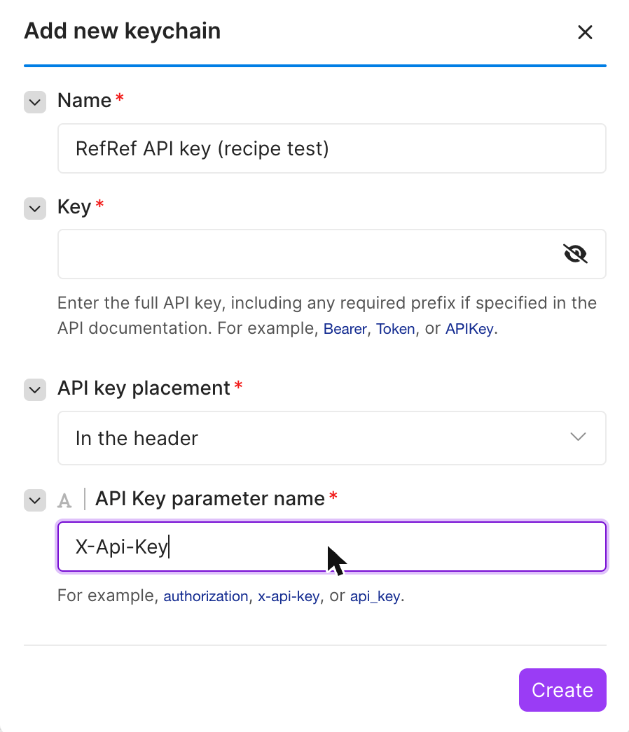 API key keychain for the x-api-key header