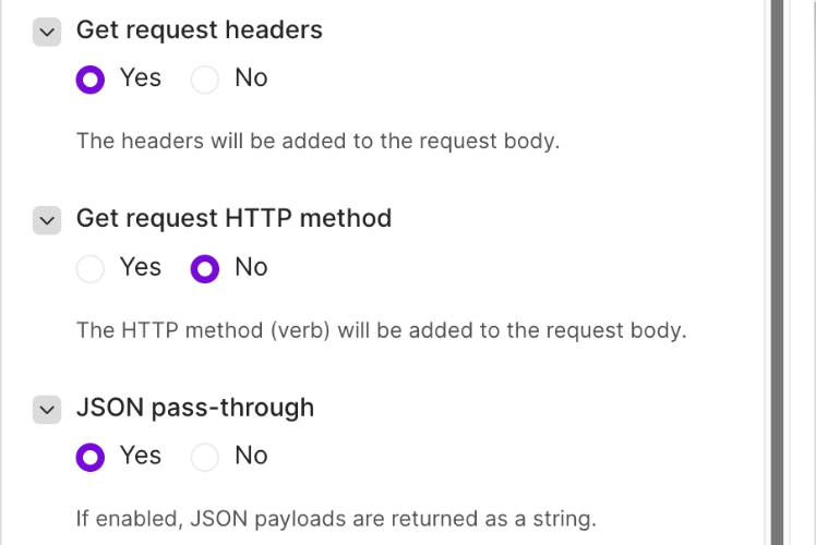 Custom webhook settings: request headers and JSON pass-through