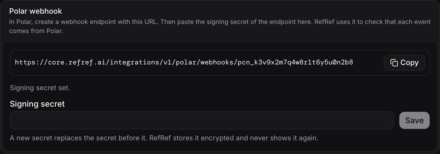 The webhook URL and the signing secret of a Polar connection