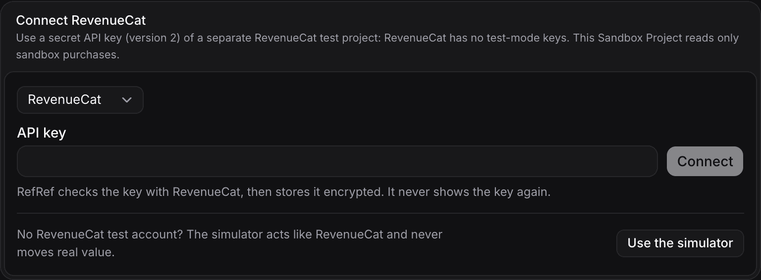 Connect RevenueCat in the Integrations settings of a Sandbox Project