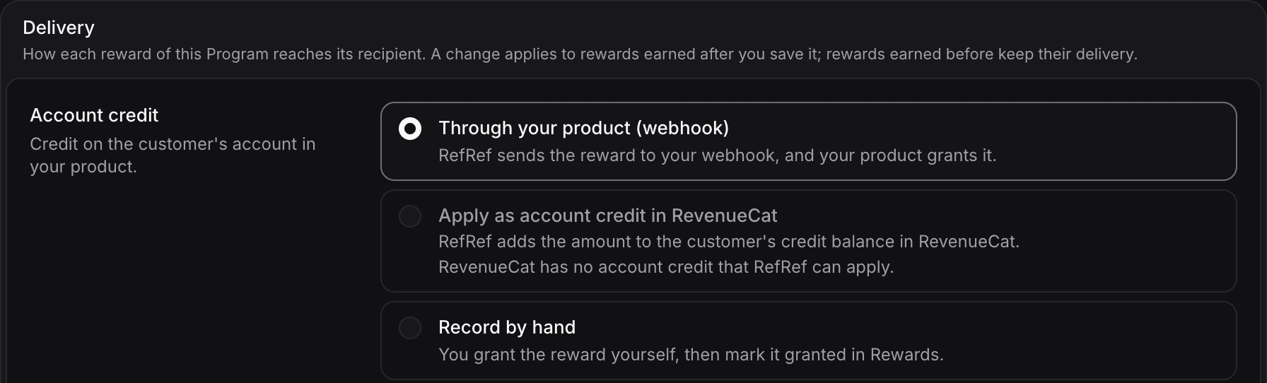 The Delivery settings of a Program connected to RevenueCat