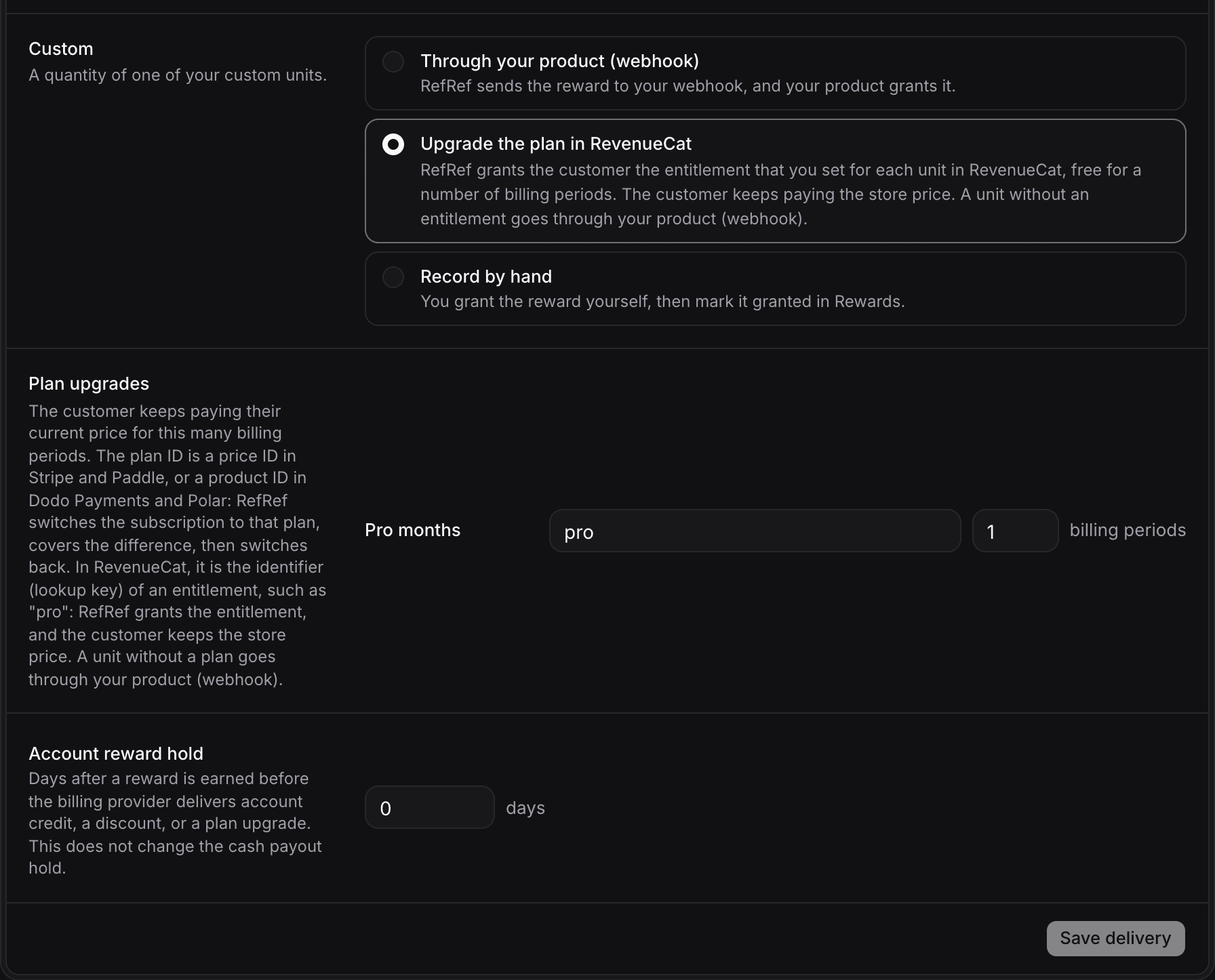The plan upgrade settings of a Program connected to RevenueCat, with the pro entitlement