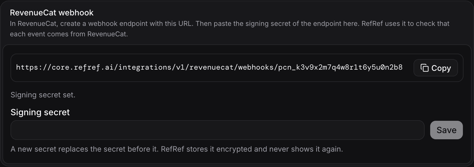 The webhook URL and the signing secret of a RevenueCat connection