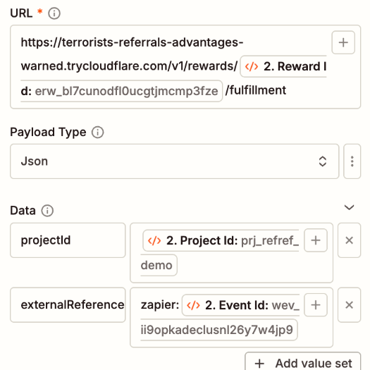 POST step: URL, payload type, and data