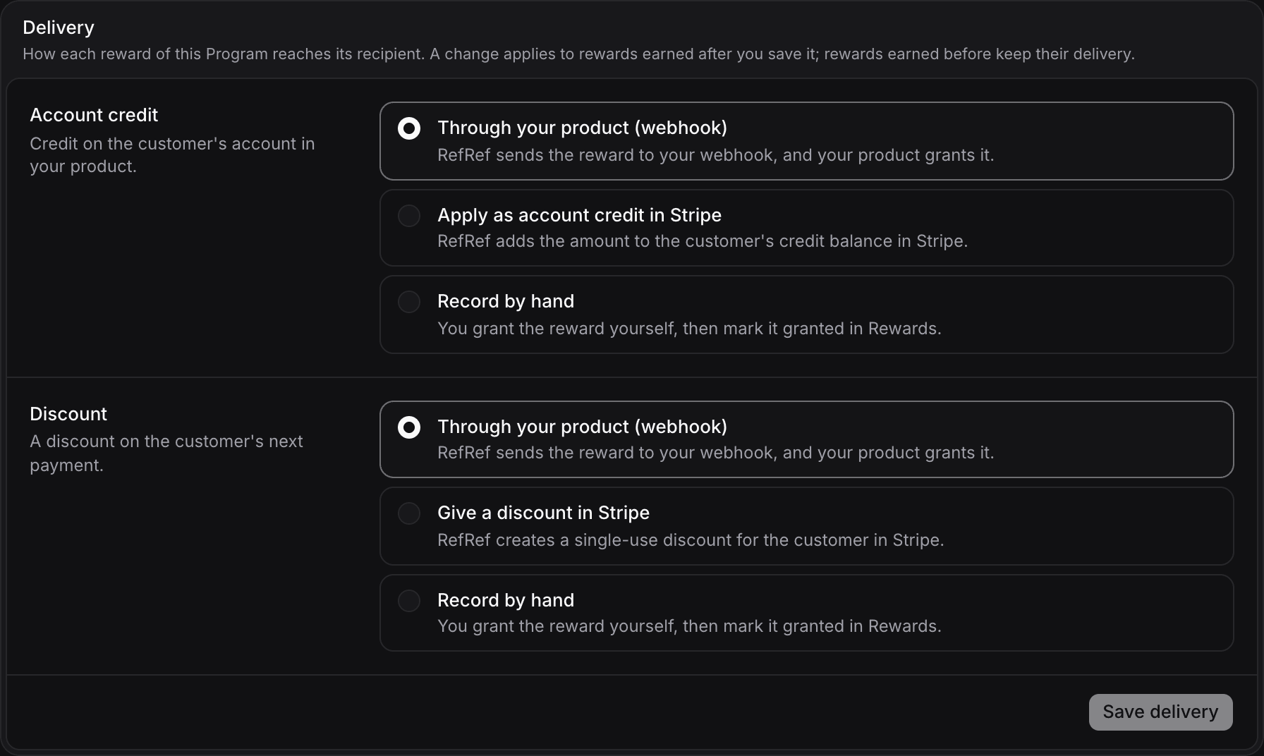 RefRef Console: choosing how rewards are delivered in Stripe