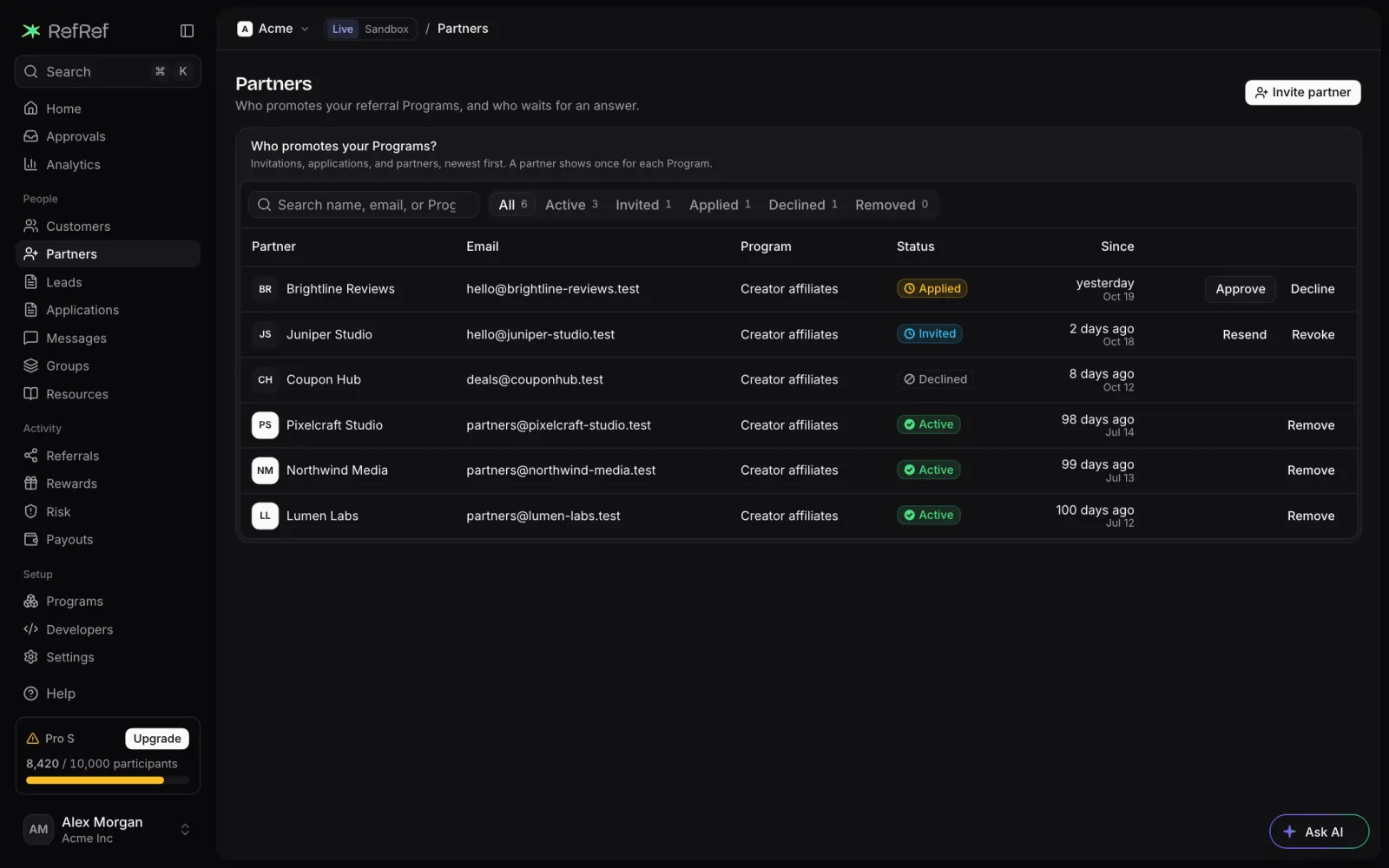 RefRef Console: partners, invitations, and applications